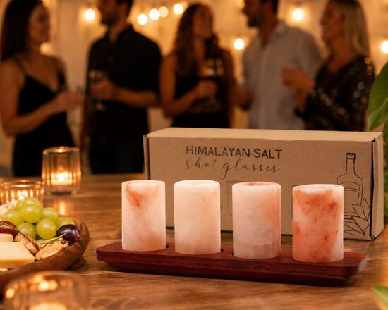 Himalayan Salt Shot Glass Set with Wooden Serving Stand – 4 pcs