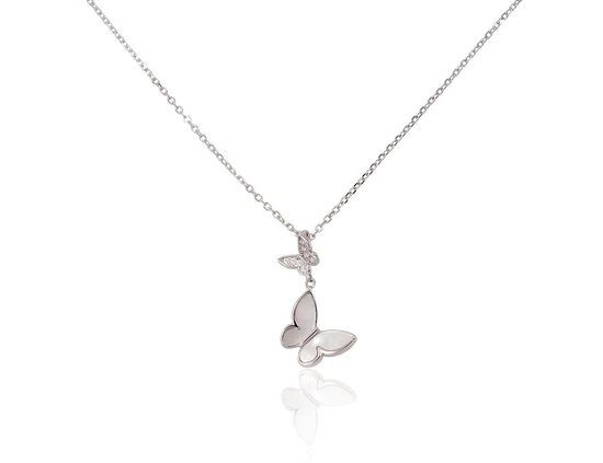 Silver necklace with mother of pearl butterflies and zirconia, 925 sterling silver with rhodium plating