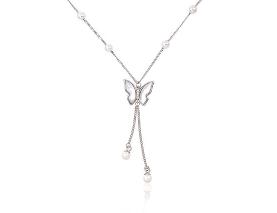 Silver Butterfly Necklace with CZ and Pearls