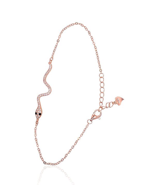 Silver Bracelet with Snake-Shaped Zirconia Design, 925 Silver with Red-Gold Plating, Size 17