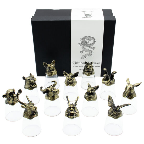 Šotu glāžu komplekts ar misiņa Ķīnas zodiaka figūrām "Chinese Zodiac Creatures" – 12 gab., 25 ml