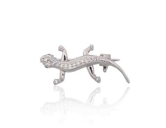 Silver brooch Gecko, 925 sterling silver, rhodium plated, cubic zirconia