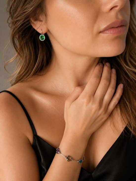 Silver jewelry set for women – earrings with green crystals and bracelet with multicolored zirconia
