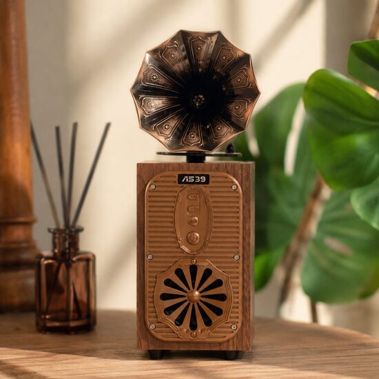 Retro „Bluetooth“ garsiakalbis gramofono stiliaus su FM radiju