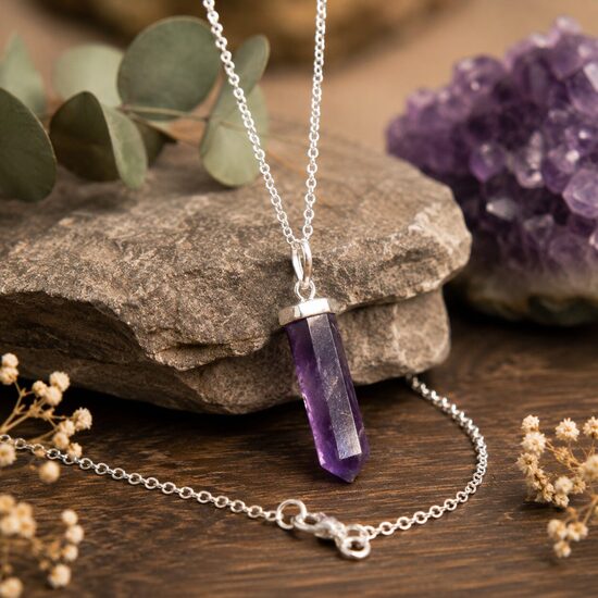 Amethyst pendant with chain – natural gemstone, silver plated