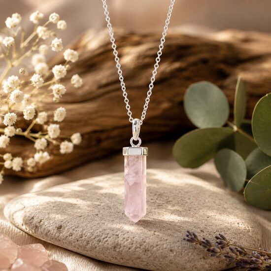 Rose Quartz “Classic Point” gemstone pendant with chain – silver plated