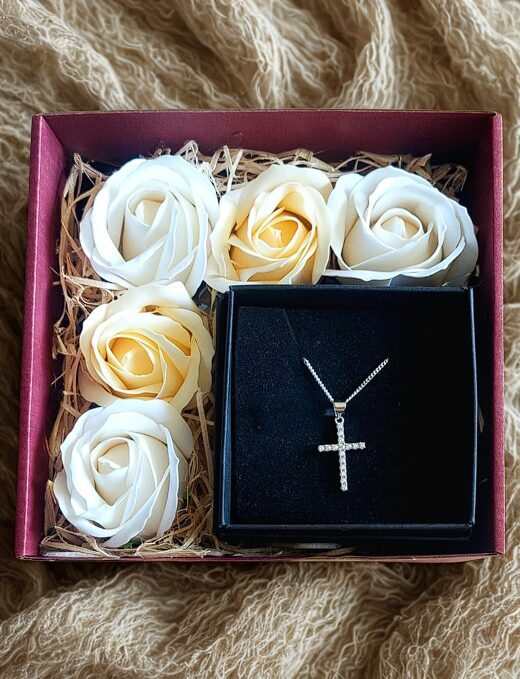 Gift Set for Christening or for Her – Silver Cross Pendant with Chain and Soap Roses
