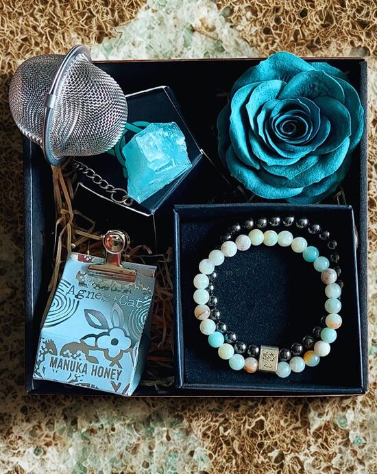 Gift Set for Women – Amazonite Bracelet, Aquamarine Tea Infuser & Manuka Balm