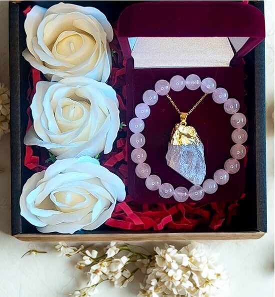 Gift Set for Her with Rose Quartz – Pendant, Chain & Bracelet