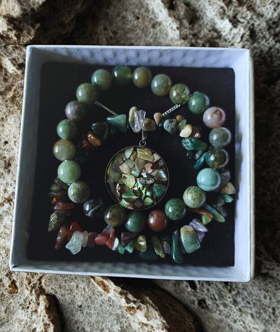 Moss Agate Jewelry Set with Natural Stone Pendant
