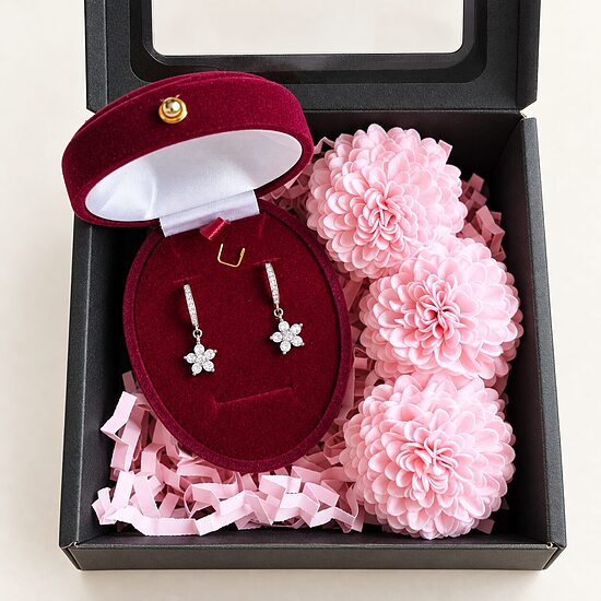 Romantic Gift for Her – Silver Earrings with Cubic Zirconia and Bath Flowers