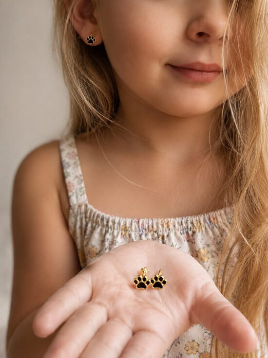 Sterling Silver Paw Stud Earrings with Black Enamel – 14K Yellow Gold Plated, 925 Sterling Silver
