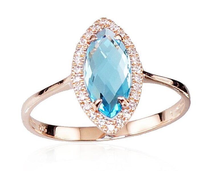 Zelta gredzens ar briljantiem un debess zilo topāzu