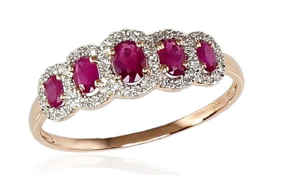 Zelta gredzens , Sarkanais Zelts 585°, rodijs (pārklājums) , Briljanti , Rubīns 