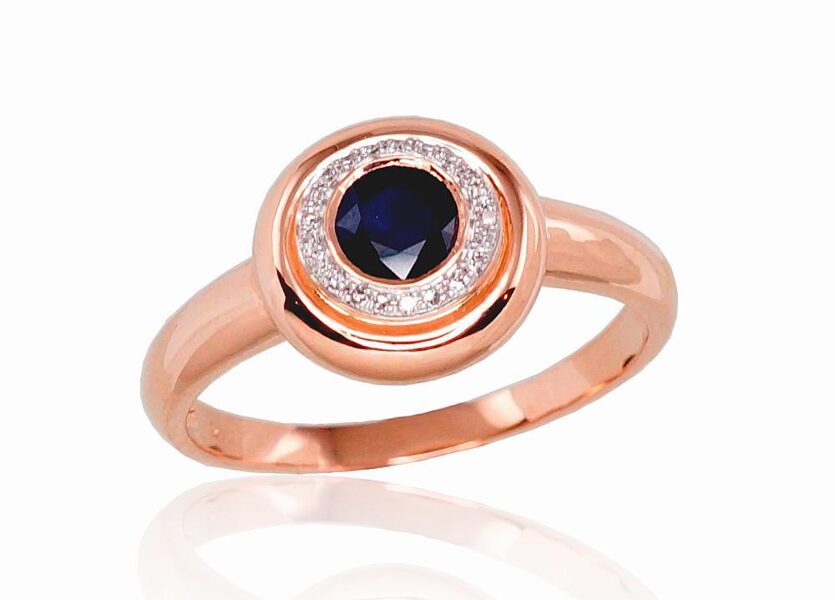 Zelta gredzens ar safīru un briljantiem, Sarkanais Zelts 585°, izmērs 18.5