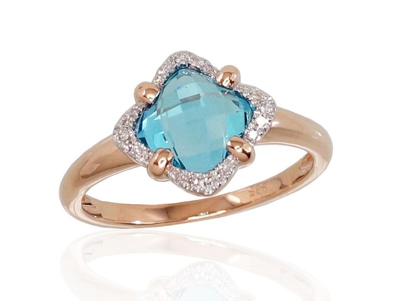 Sieviešu zelta gredzens ar briljantiem un zilo topāzu – 585° sarkanais zelts ar rodija pārklājumu, 18.5 izmērs