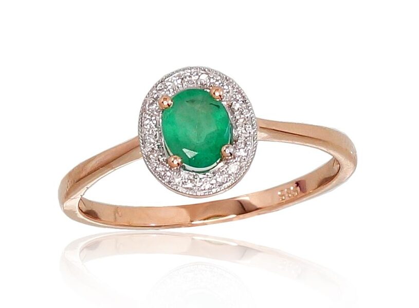 Gold Ring with Emerald and Diamonds, 585 Red Gold, Rhodium, Size 16