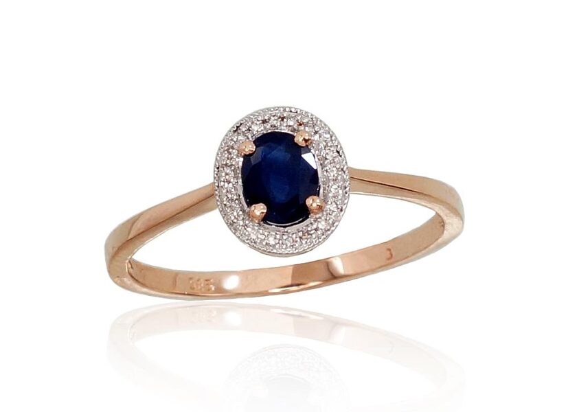 Gold Ring with Sapphire and Diamonds, 585 Red Gold, Rhodium, Size 16.5