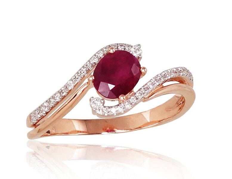 Gold Ring with Diamonds and Ruby – 585° Red Gold, Rhodium Finish, Size 17.5
