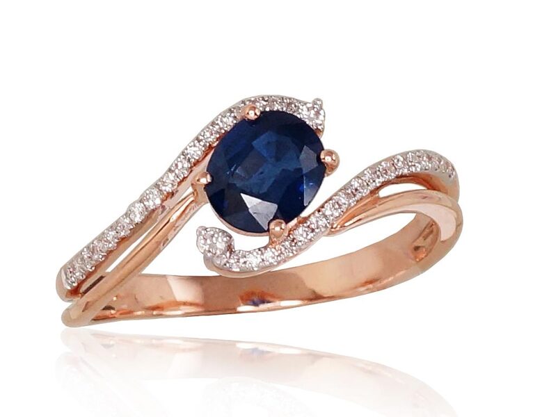 Gold Ring with Sapphire and Diamonds – 585° Red Gold, Rhodium Finish, Size 17.5