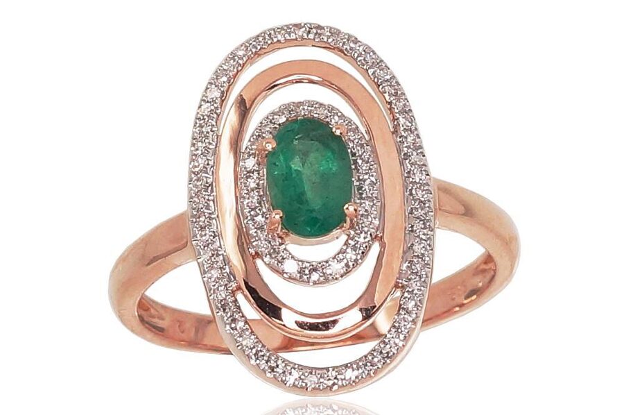 Zelta gredzens ar smaragdu un briljantiem, 585° sarkanais zelts, izmērs 18
