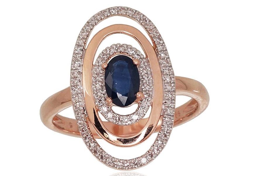 Zelta gredzens ar safīru un briljantiem, 585° sarkanais zelts, izmērs 18.5