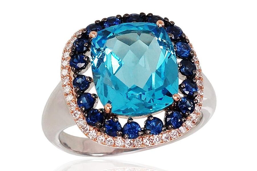 Zelta gredzens ar zilo topāzu, safīru un briljantiem, 585° divtoņu zelts, izmērs 17.5
