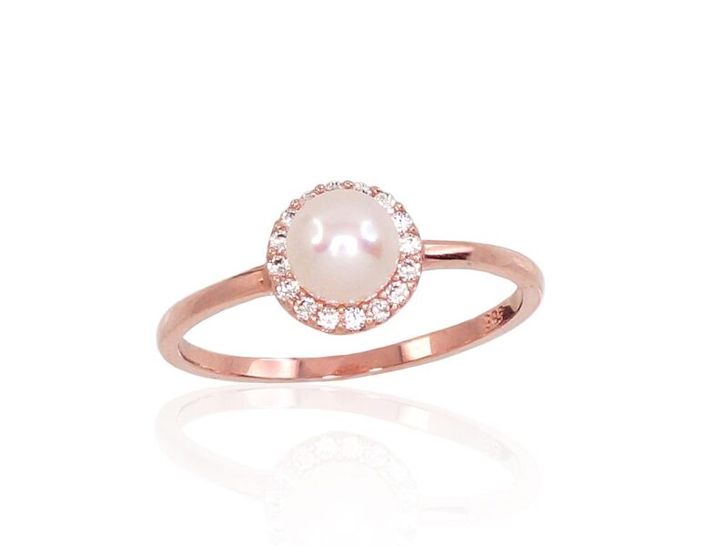 Sieviešu zelta gredzens ar pērli un cirkoniem, izmērs 17,5