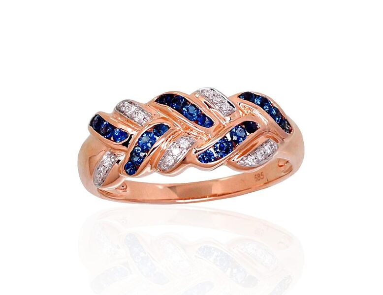 Zelta gredzens ar safīru un briljantiem, 585° sarkanais zelts ar rodiju, izmērs 18