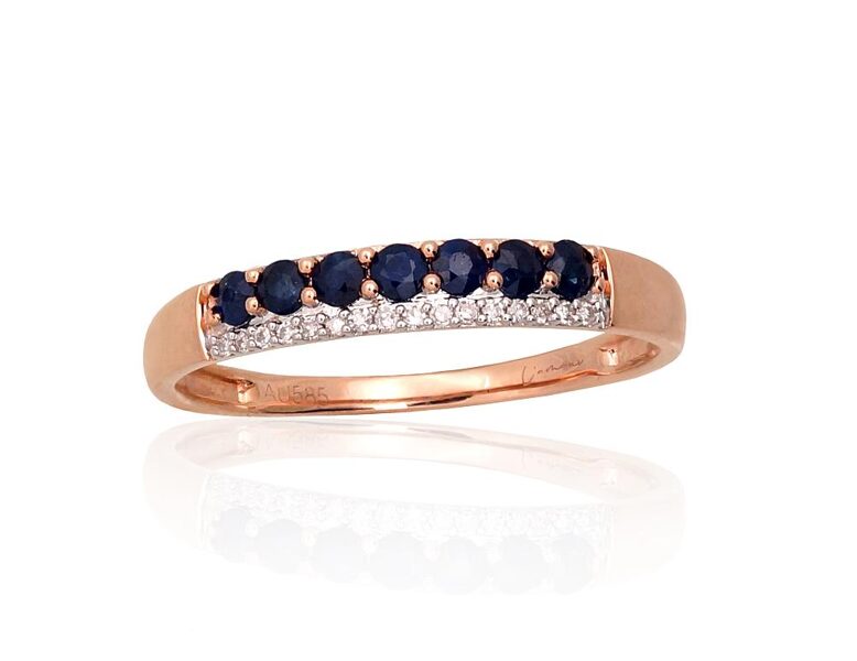 Women's gold ring with diamonds and sapphire – 585° red gold, rhodium plated, size 18.5