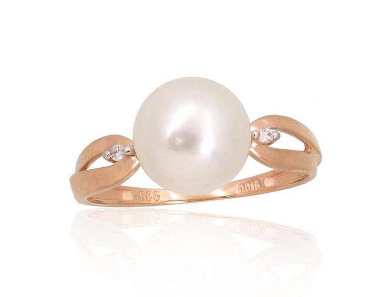 Women's gold ring with diamond and pearl – 585° red gold, rhodium plated, size 17.5