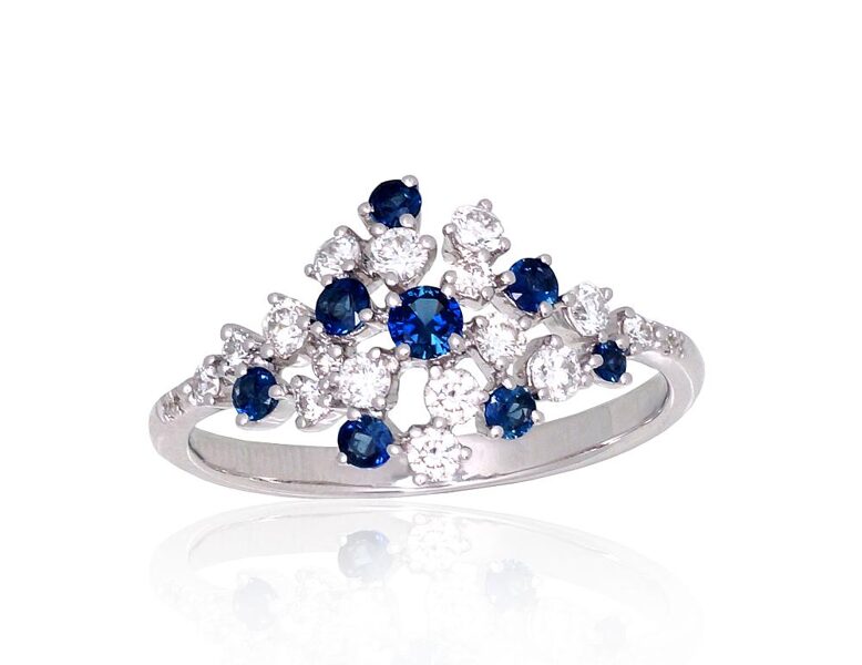 Women's White Gold Ring with Diamonds and Sapphire – 585°, Size 18