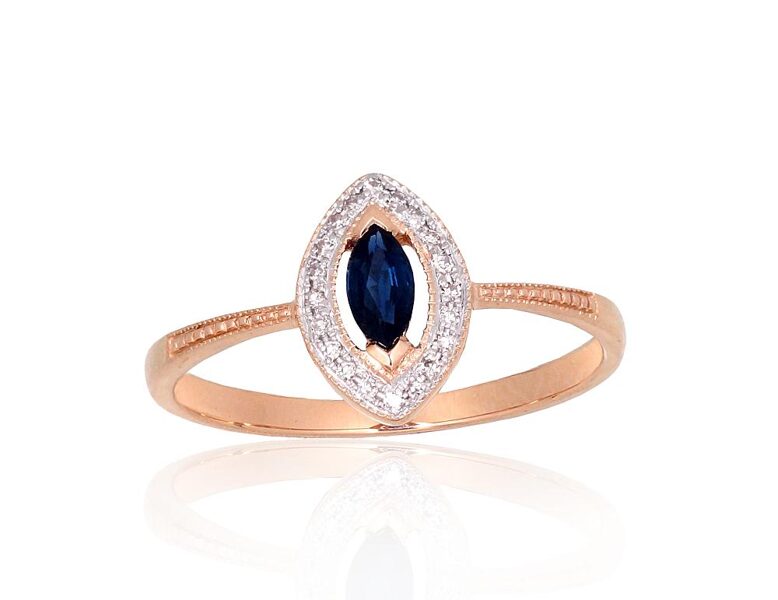 Zelta gredzens ar safīru un briljantiem, Sarkanais zelts 585°, 16.5