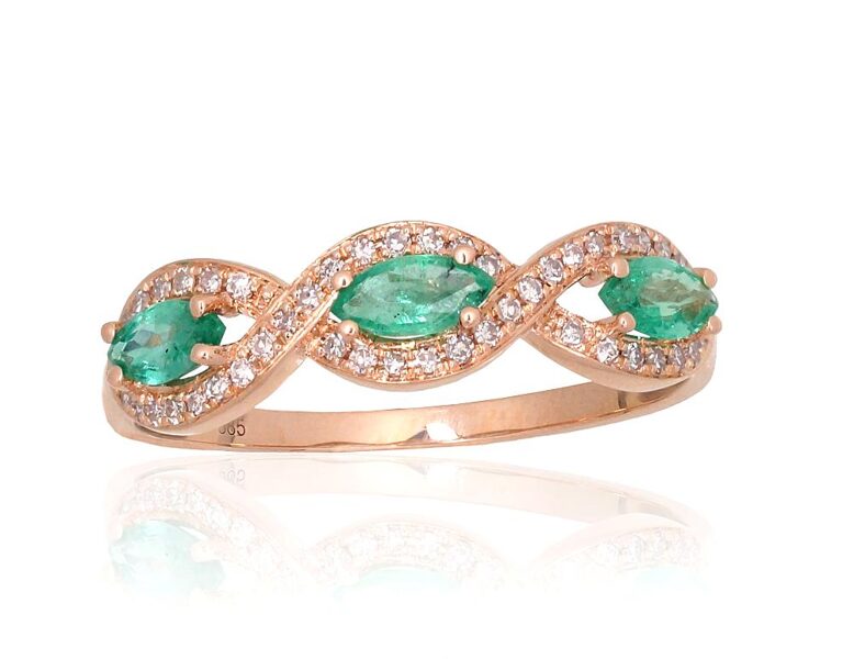 Zelta gredzens ar briljantiem un smaragdu, Sarkanais Zelts 585°, 17.5