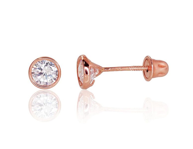 Bērnu zelta auskari-nagliņas ar cirkoniem, Sarkanais Zelts 585°, ar skrūvējamu aizdari