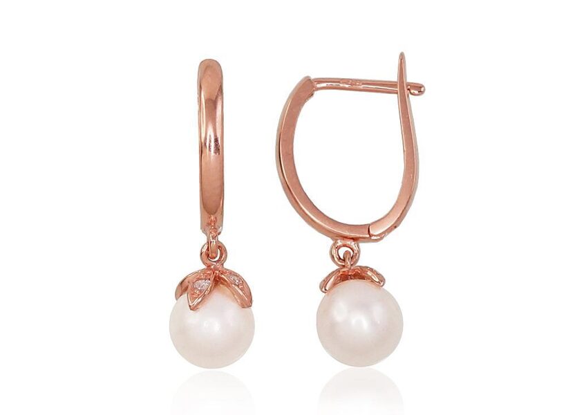 Zelta auskari ar pērlēm un cirkoniem, “angļu” slēdzējs, 585° sarkanais zelts, 25 mm