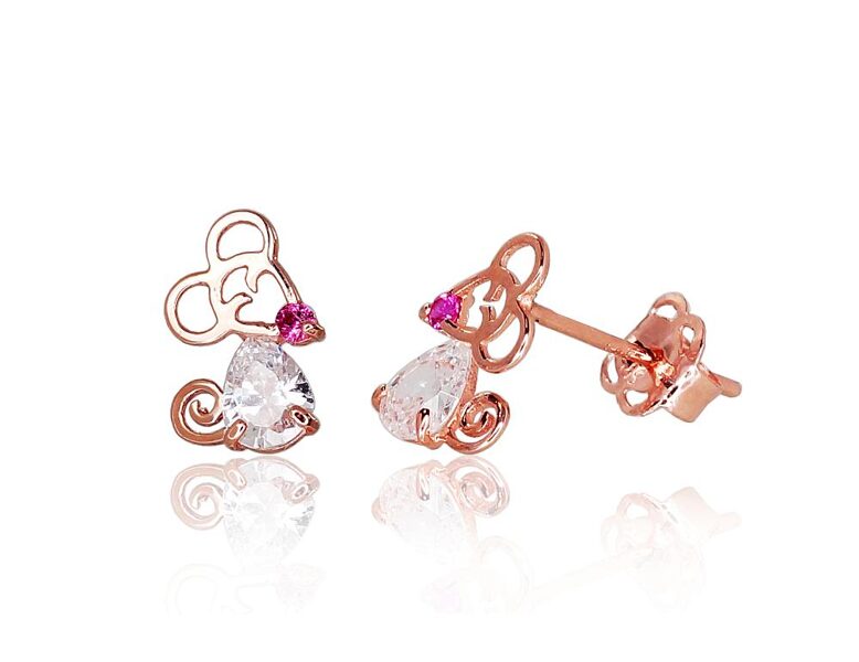 Bērnu zelta auskari-nagliņas “Pele”, cirkoni, 585° sarkanais zelts