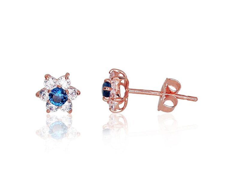 Золотые серьги-пусеты с синими цирконами, красное золото 585°