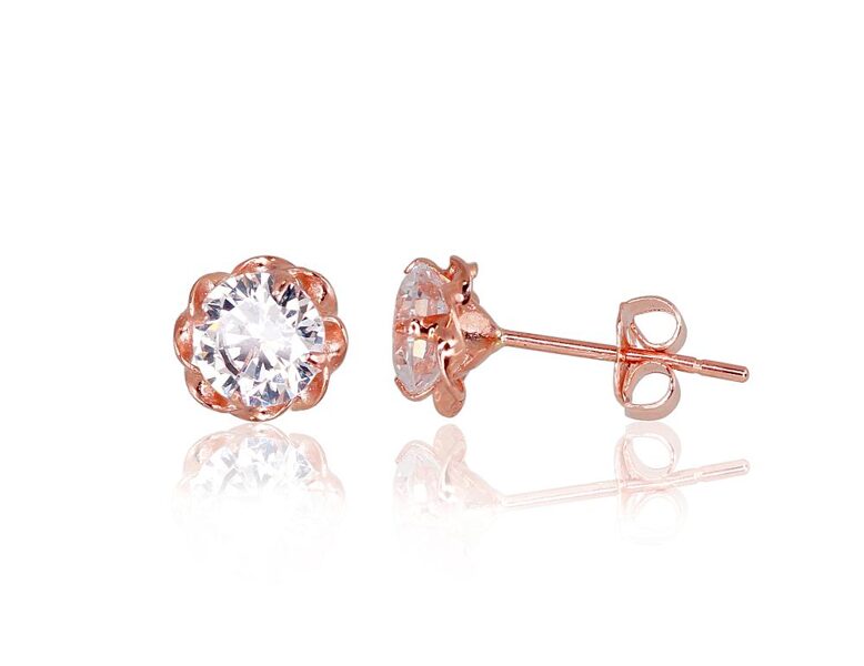 Золотые серьги-гвоздики, красное золото 585°, цирконы