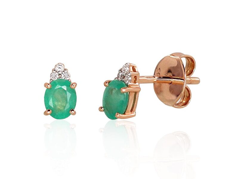 Gold classic studs earrings , Red Gold 585°, Rhodium (Plating) , Diamonds , Emerald 