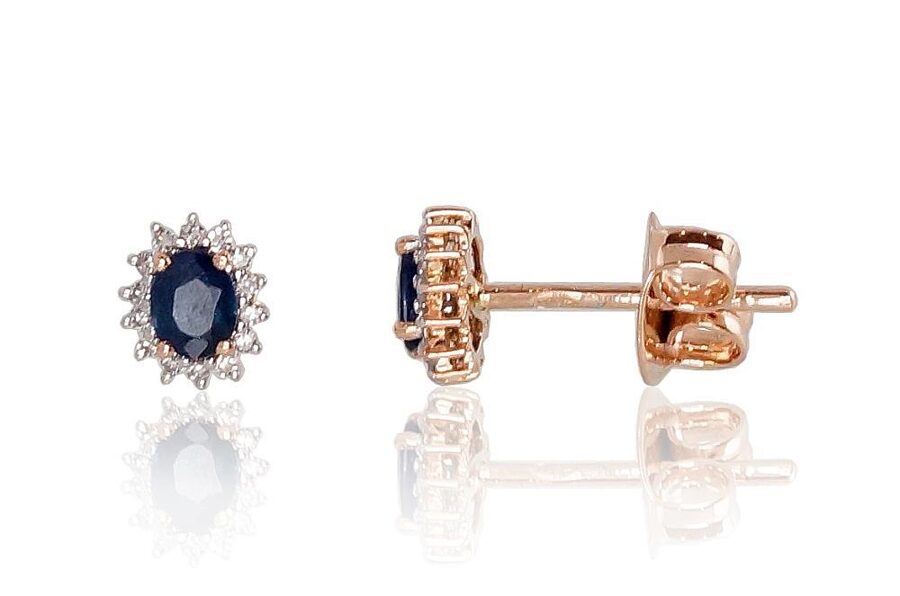 Zelta auskari-puseti , Sarkanais Zelts 585°, rodijs (pārklājums) , Briljanti , Safīrs 