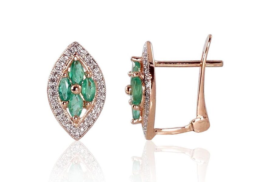 Zelta auskari ar smaragdiem un briljantiem, 585° sarkanais zelts ar rodija pārklājumu, “angļu” slēdzis, 15 mm