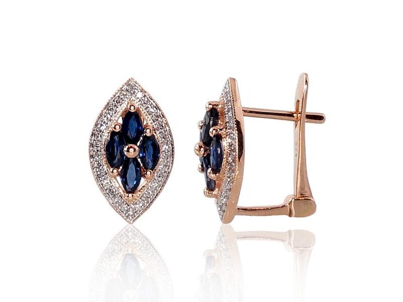 Zelta auskari ar safīriem un briljantiem, 585° sarkanais zelts ar rodija pārklājumu, “angļu” slēdzis, 15 mm