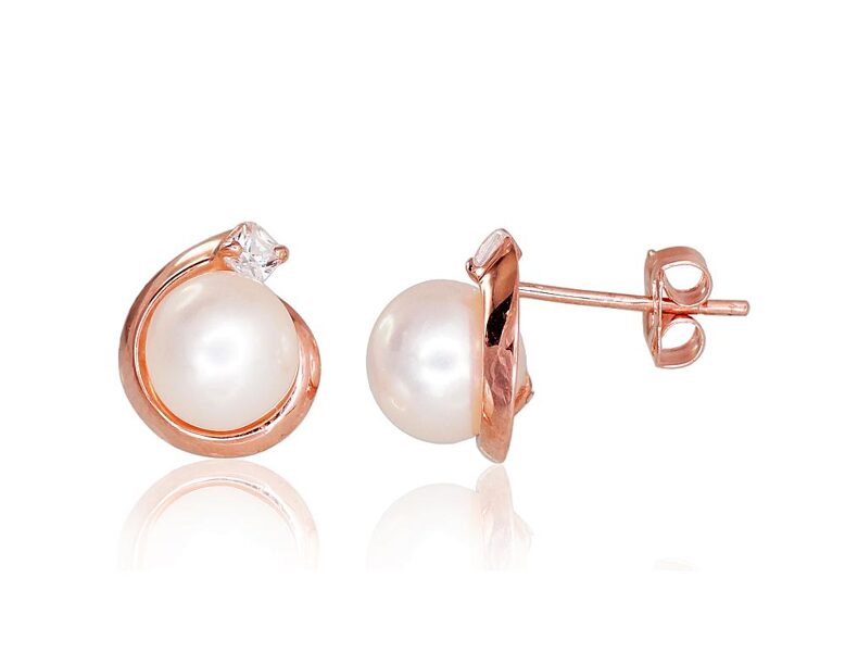 Zelta auskari-nagliņas ar cirkoniem un pērlēm – Sarkanais Zelts 585°