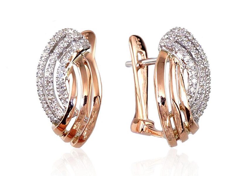 Gold earrings with 'english' lock , Red Gold 585°, Rhodium (Plating) , Diamonds 