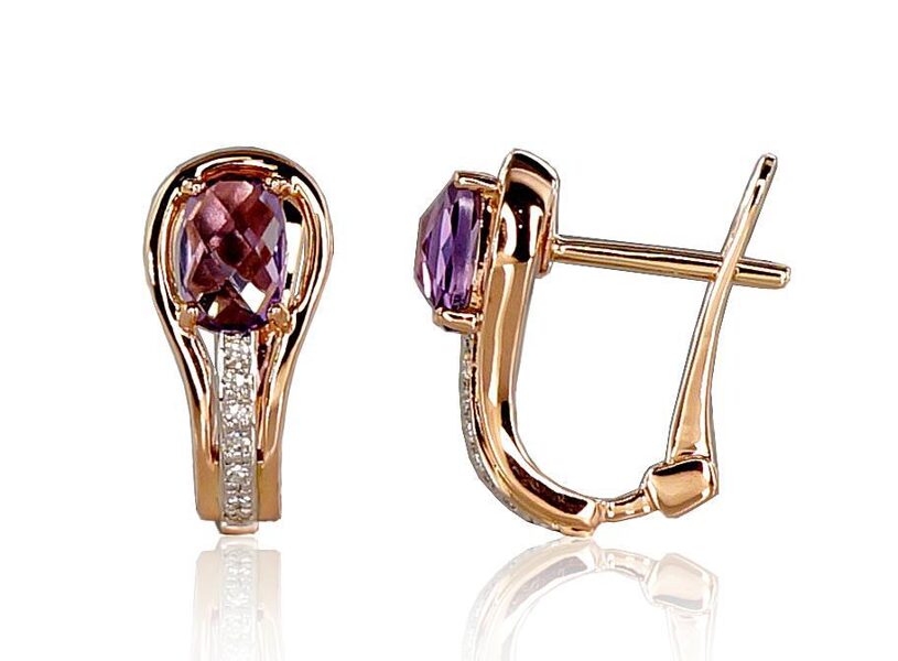 Zelta auskari ar 'angļu' slēdzēju , Sarkanais Zelts 585°, rodijs (pārklājums) , Briljanti , Ametists 