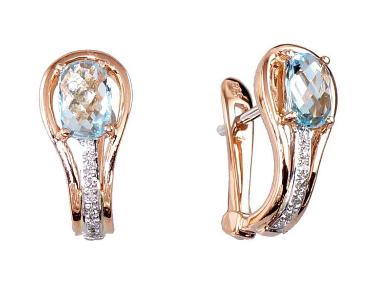 Zelta auskari ar 'angļu' slēdzēju , Sarkanais Zelts 585°, rodijs (pārklājums) , Briljanti , Debess zils topāzs 