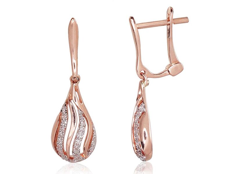 Garie zelta auskari ar briljantiem, 585° sarkanais zelts ar rodija pārklājumu, “angļu” slēdzis