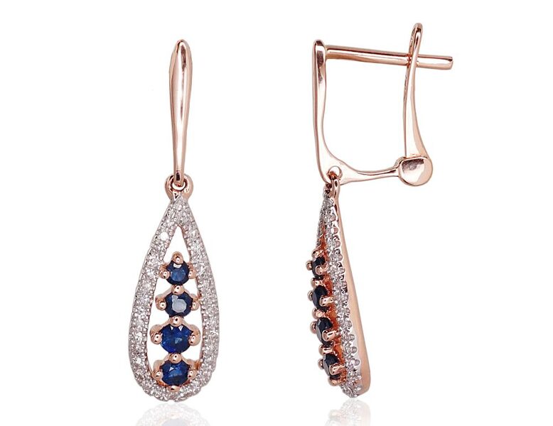 Garie zelta auskari ar safīriem un briljantiem, 585° sarkanais zelts ar rodija pārklājumu, “angļu” slēdzis