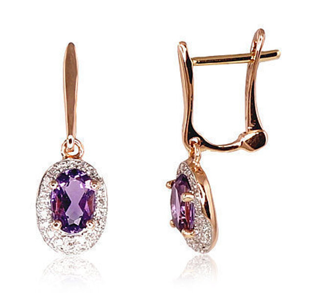 Zelta auskari ar ametistiem un briljantiem, 585° sarkanais zelts ar rodija pārklājumu, “angļu” slēdzis